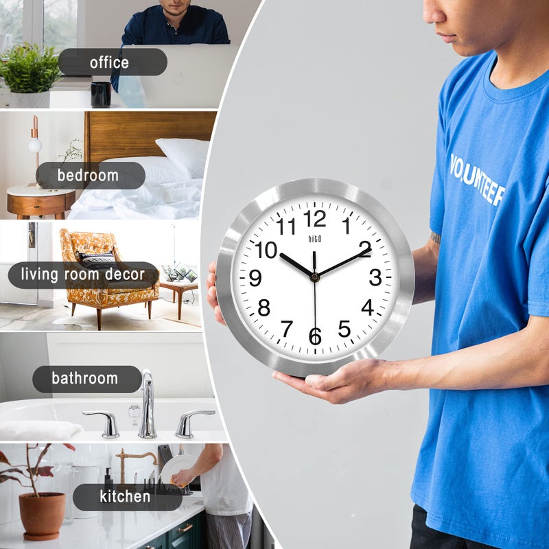 HITO 10 Inch Silent Wall Clock Battery Operated Non Ticking Glass Cover Silver Aluminum Frame, for Kitchen, Bedroom, Home Office, Living Room Decor - Image 5